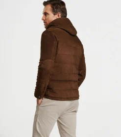 New Peter Millar Excursionist Flex Suede Hooded Bomber Espresso