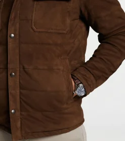 New Peter Millar Excursionist Flex Suede Hooded Bomber Espresso