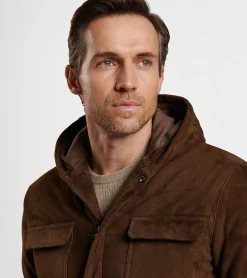New Peter Millar Excursionist Flex Suede Hooded Bomber Espresso