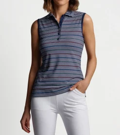 Discount Peter Millar Perfect Fit Performance Sleeveless Polo PINWHEEL STRIPE NAVY
