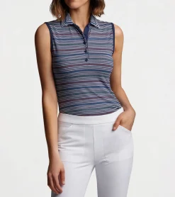 Discount Peter Millar Perfect Fit Performance Sleeveless Polo PINWHEEL STRIPE NAVY