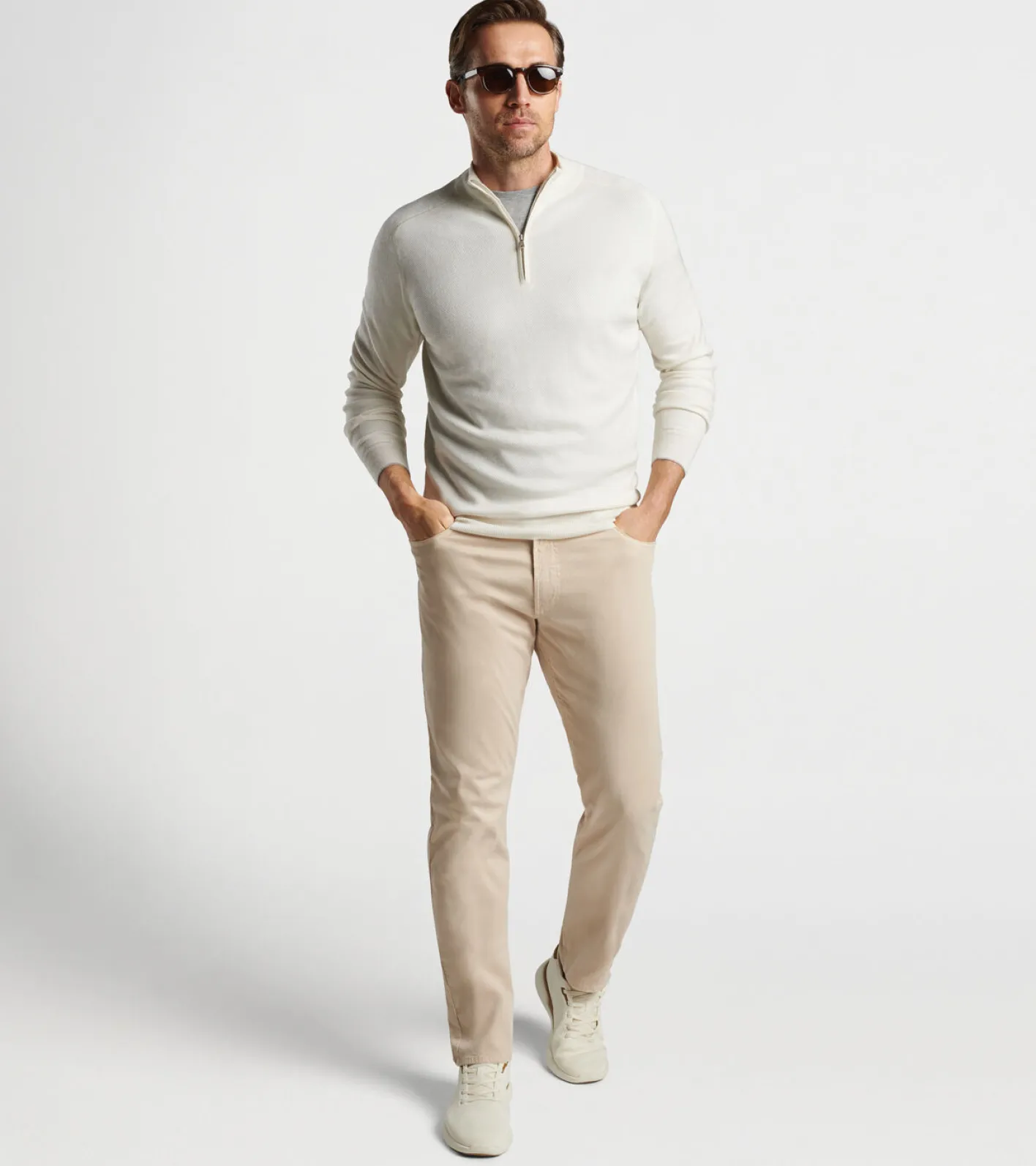 Fashion Peter Millar Voyager Cashmere-Silk Saddle Shoulder Quarter-Zip FAWN